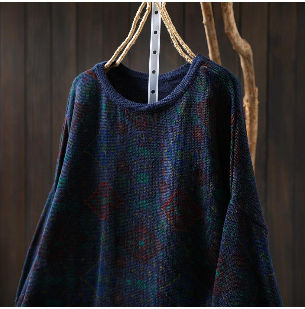 2025 Retro Ethnic Print Plus Size Women's Cotton Knit Sweater for Fall/Winter