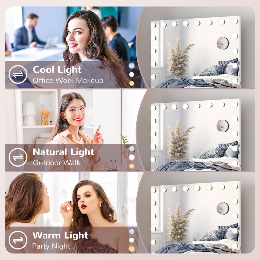 Hollywood Vanity Mirror with Lights, Large 80x62 cm Lighted Makeup Mirror with 3 Colour, 18 LED Bulbs, 10X Magnifying, USB Charging Port