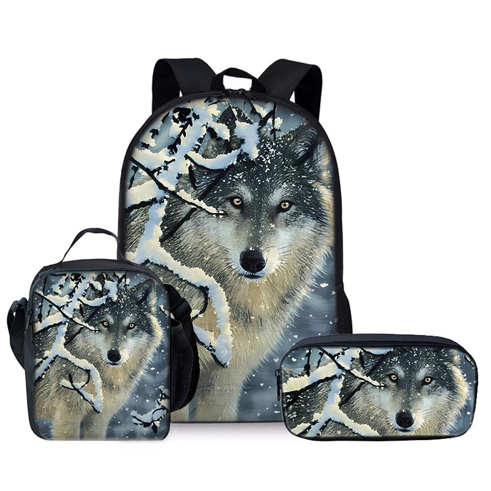Animal Wolf King Three Piece Set Backpacks for Boy and Girls Best Gifts 2D Flat Cartoon School Backpack for Children