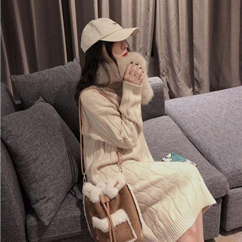 Retro medium and long round neck twist bottom knitted sweater skirt for women, loose in autumn and winter, lazy wind over the knee thickened
