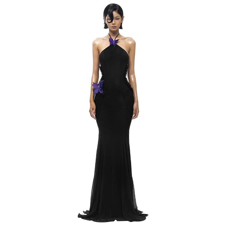 

European and American style women s autumn new products, sexy temperament, one-word shoulder neck butterfly decoration, slim holiday dress S чёрный