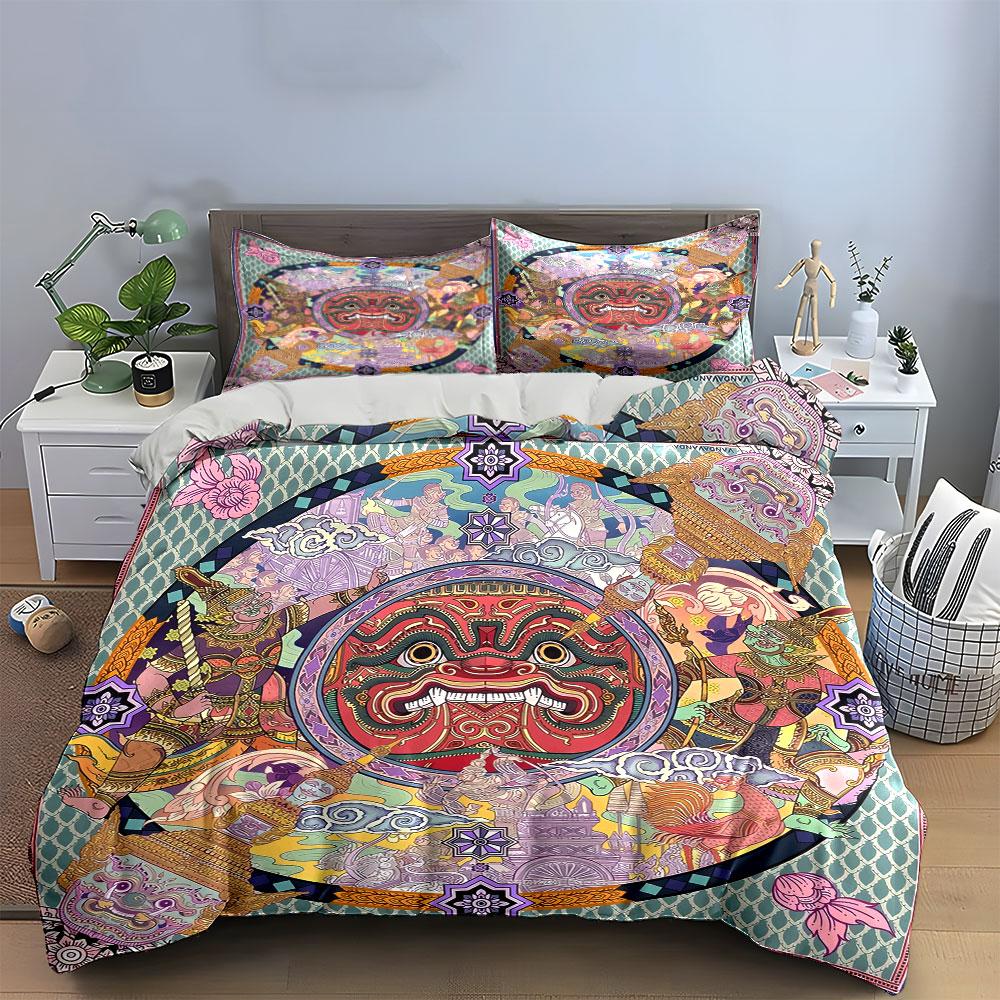 3Pcs Thai Yaksha Mask Bedding Set, Traditional Khon Mask Print Duvet Cover + 2 Pillowcases, Cultural Ethnic Decor