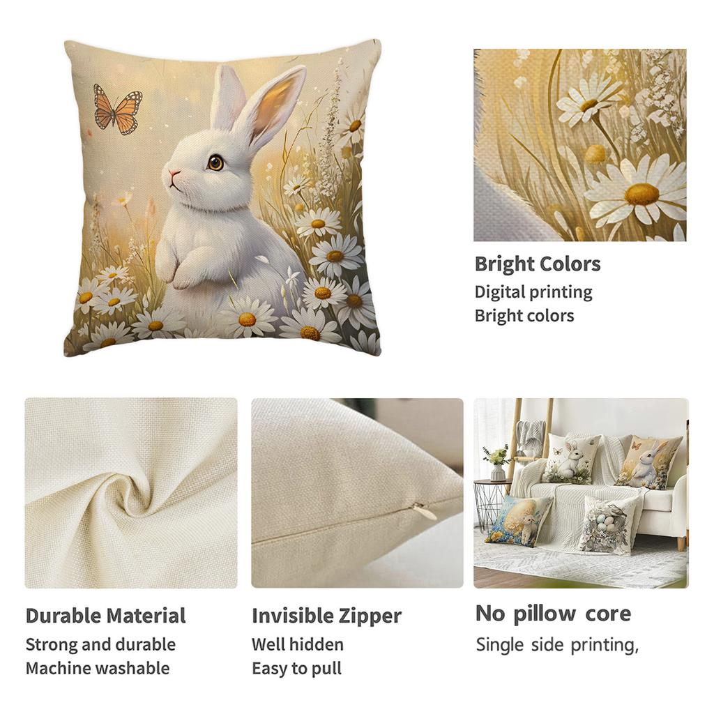 4Pcs Spring Easter Happy Pillowcase, Bow, Cute Rabbit, Plant Flowers, Easter Egg Printed Decorative Sofa Cushion Cover