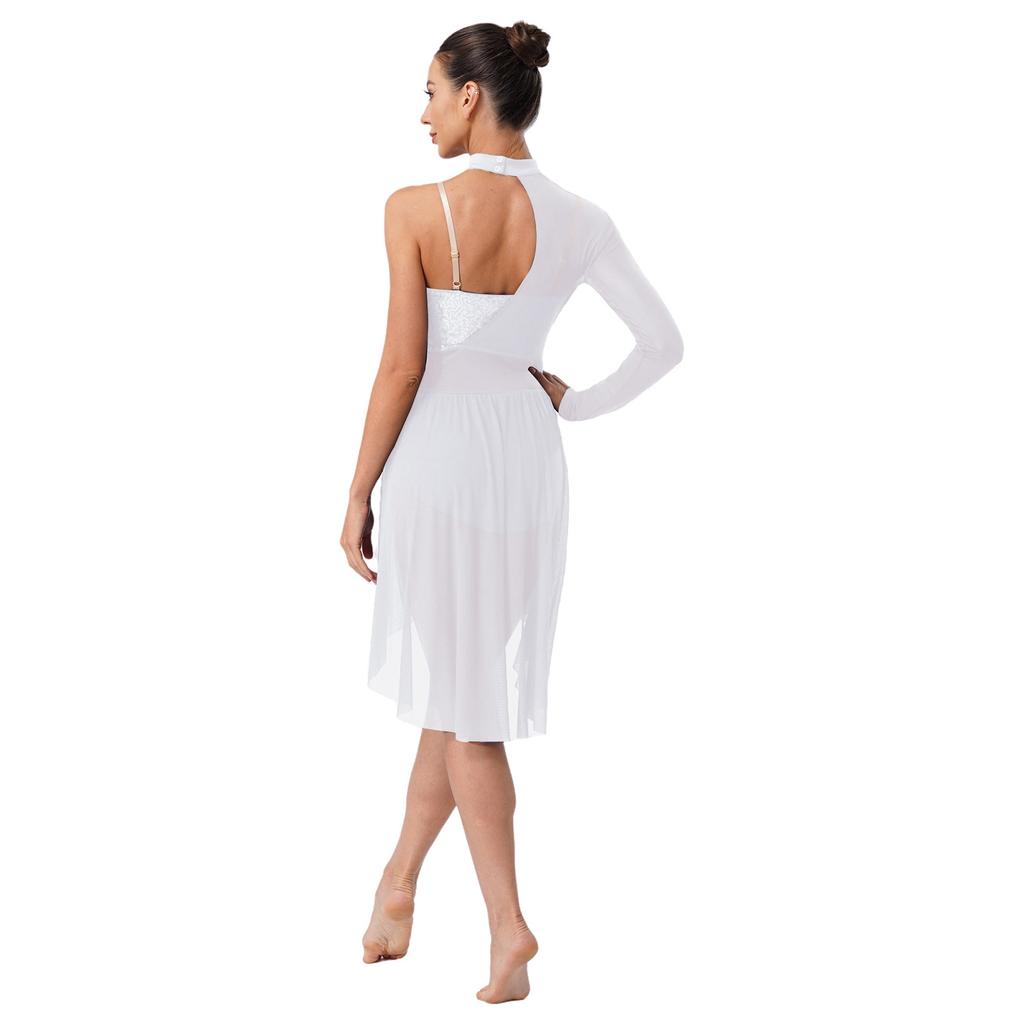 Conjunto de Danza Lírica para Mujer Cuello Alto Tirantes Espagueti Ajustables Un Hombro Manga Única Maillot con Lentejuelas