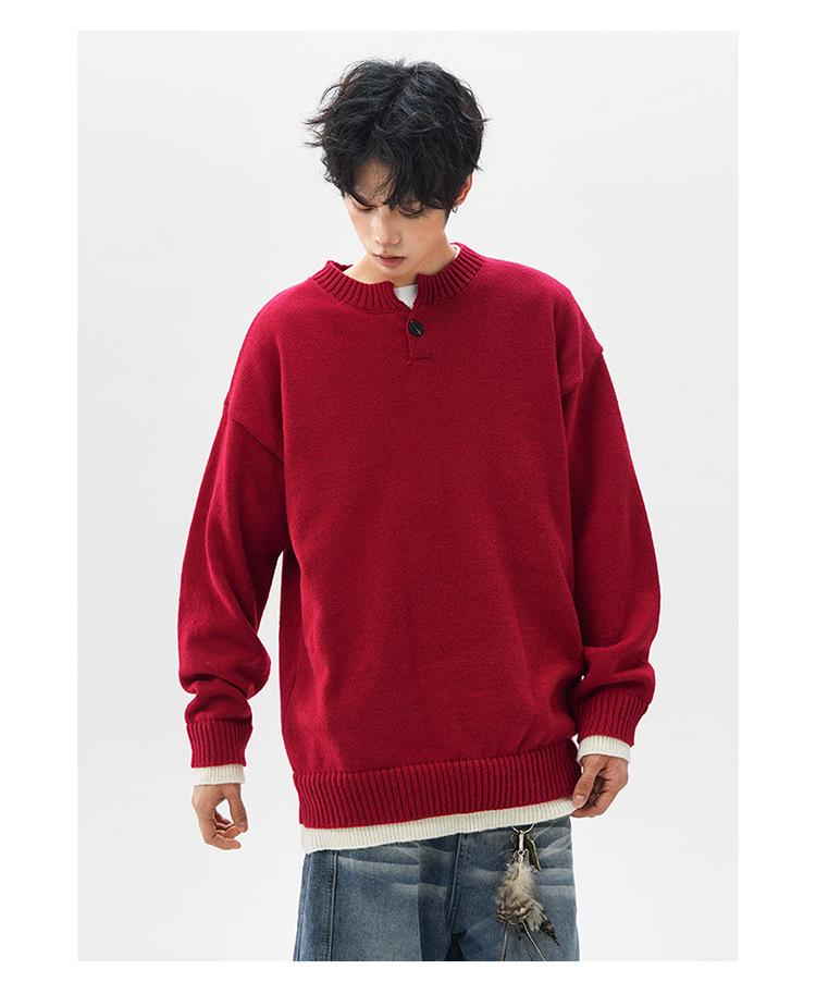 Jian Heng Red Henley Collar Men's Knit Sweater - Loose & Cozy for Autumn/Winter Christmas & New Year