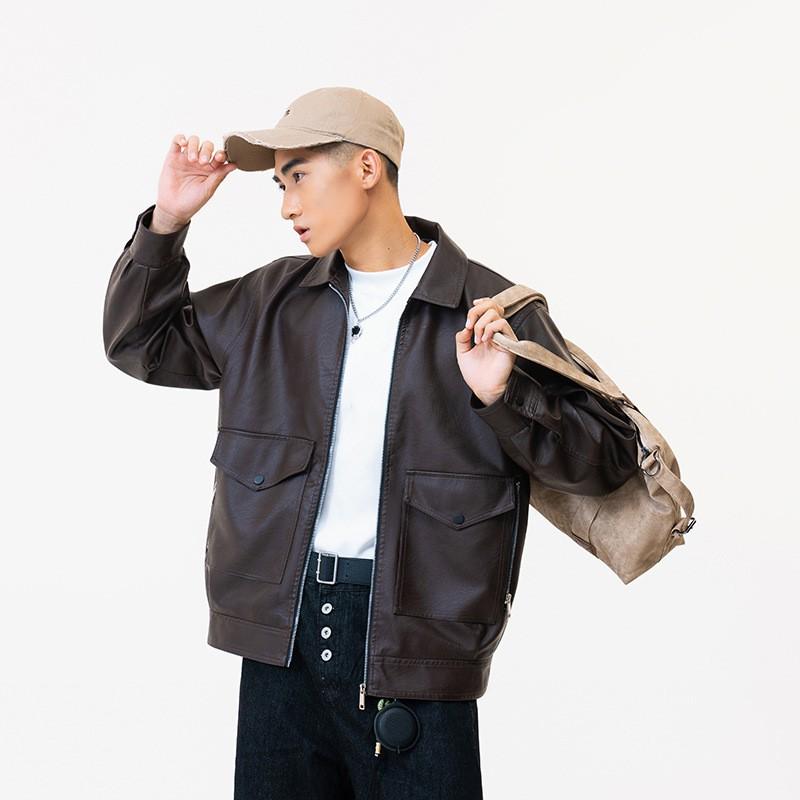 Mens Faux Leather Biker Jacket With Stand Collar Loose Fit Winter Outerwear Daily Wear