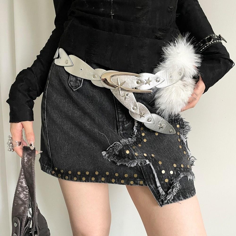 

Y2K Plush Furry Splicing Belt Punk Star Rivet Belt Vintage Faux Fur Belts Women Fashion срібний