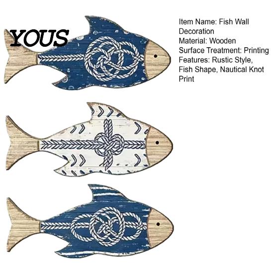 Beach House Wall Ornaments 3Pcs/Set Wooden Fish Decor, Nautical Knot Print Decorations, Coastal Vacation Home Decor Style Art for Bathroom Bedroom