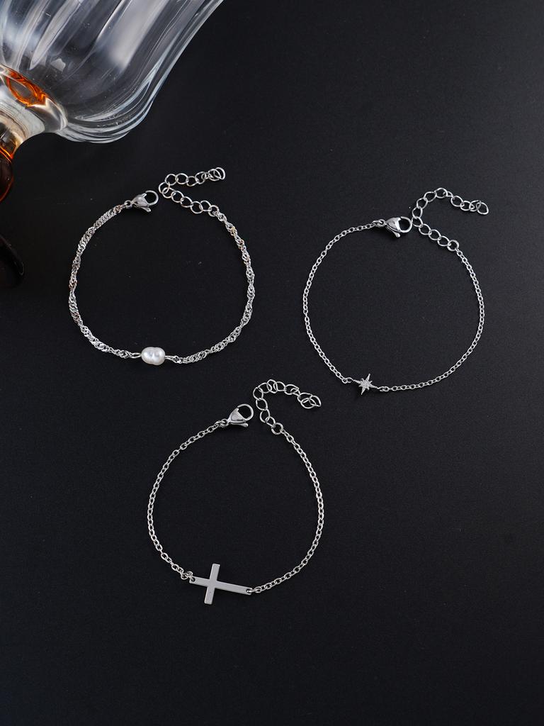 3pcs Silver Cross & Octagram Bracelet Set, Elegant Fashion Accessories Suitable For Women's Daily, Dating, Work Outfit Layering