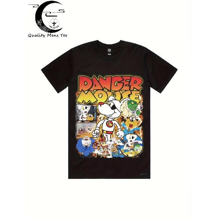 Danger Mouse Graphic T-Shirt - Heavyweight 230GSM Cotton Retro 80s Nostalgia Tee with Danger Mouse & Monarch Logo Print, Unisex Regular Fit Casual S чёрный