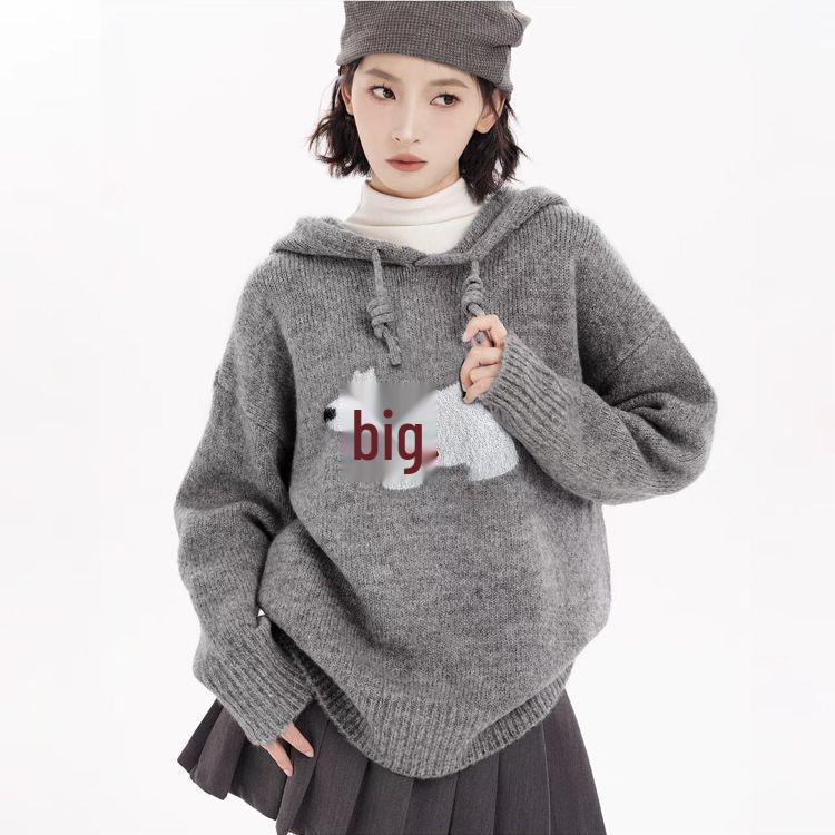 Women's Gray Merino Wool Puppy Hooded Knitted Sweater: Thickened Petite Inner/Outerwear for Autumn/Winter.