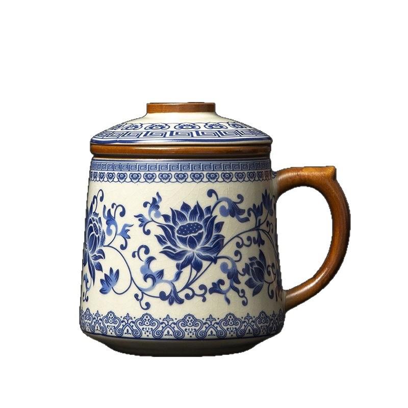 Chinese Ru Kiln Teacup Blue And White Ceramic With Lid Tea Separation Water Cup Household Special Tea Cup Office Mug