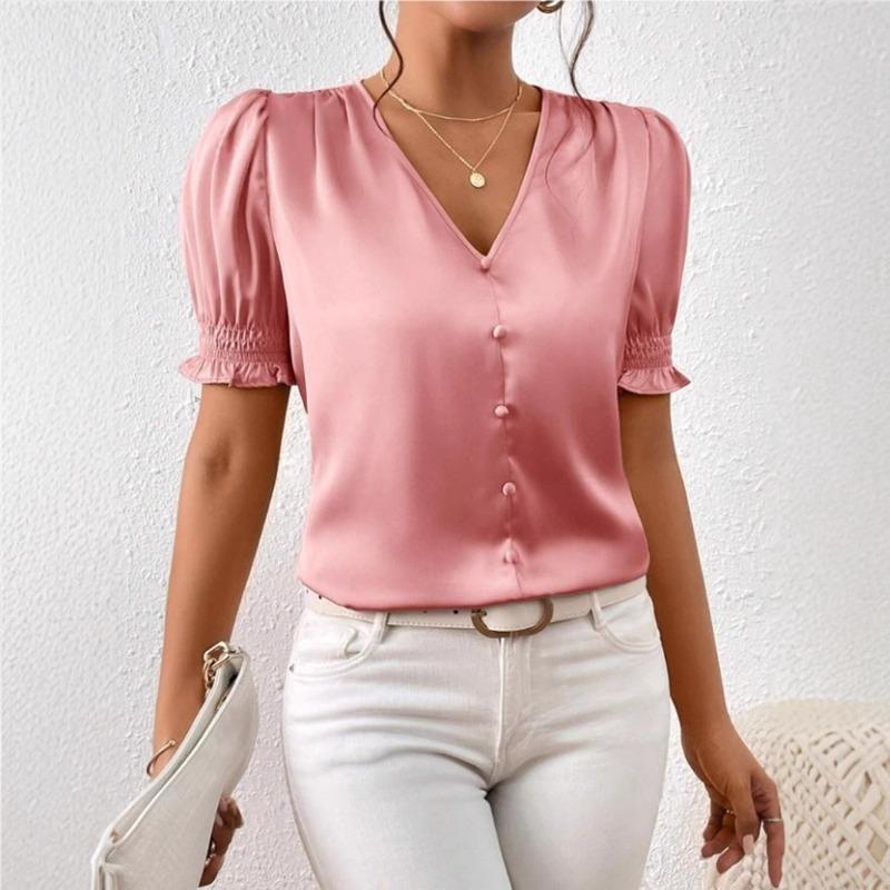 

Атласна сорочка з V-подібним вирізом і гудзиками для весни-осені Повсякденна сорочка з короткими рукавами та гофрованими краями Блузки та сорочки S рожевий