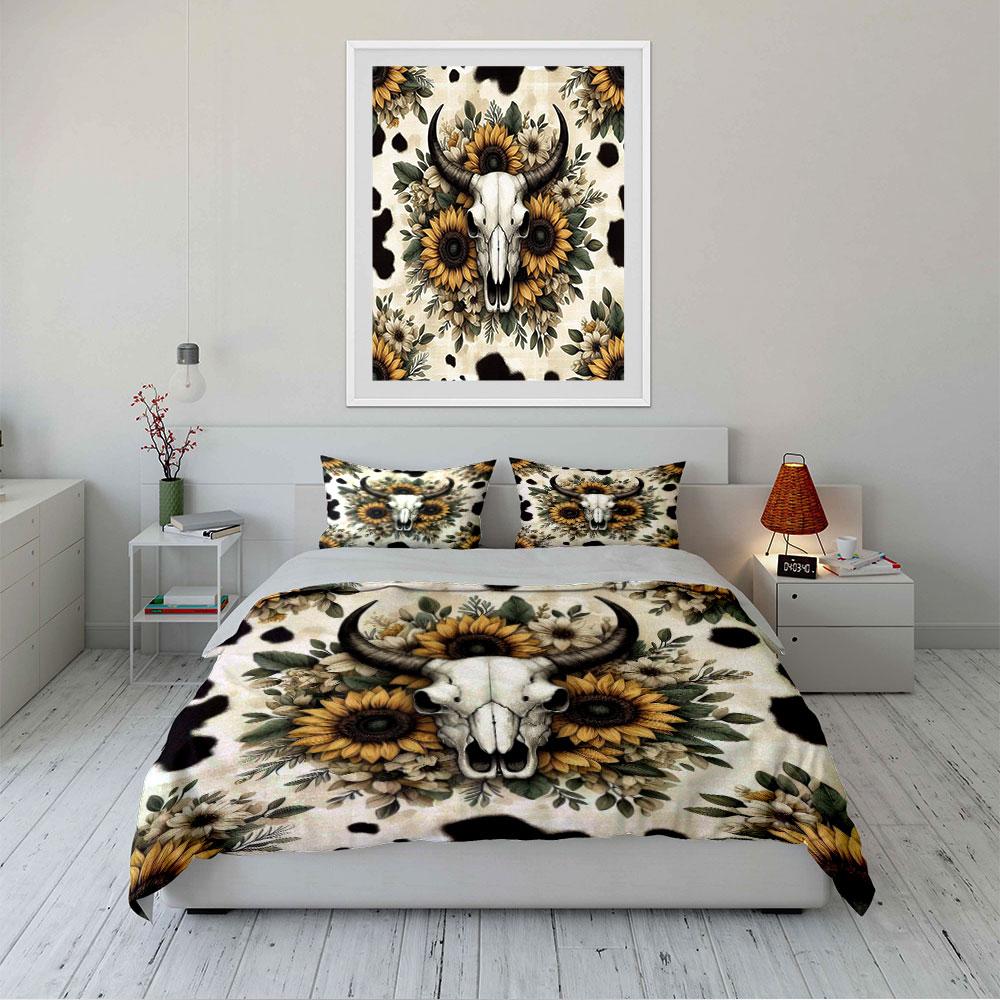 Cow Skull and Sunflower Set Bedding Duvet Cover Set Duvet Cover Pillowcases (1 * Duvet Cover 2 * Pillowcases, Without Duvet Insert)