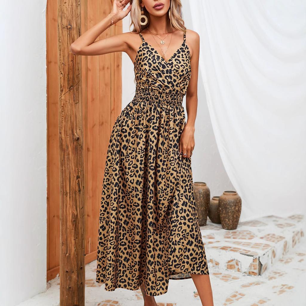 Maxi Dress Summer Leopard Print Spaghetti Strap Women Clothing