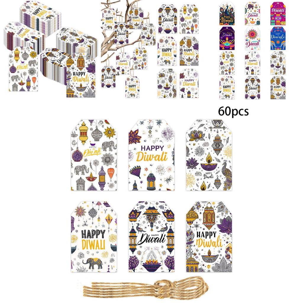 Diwali Theme Hang Tags For Party Decorations With 60pcs Paper Festive Labels