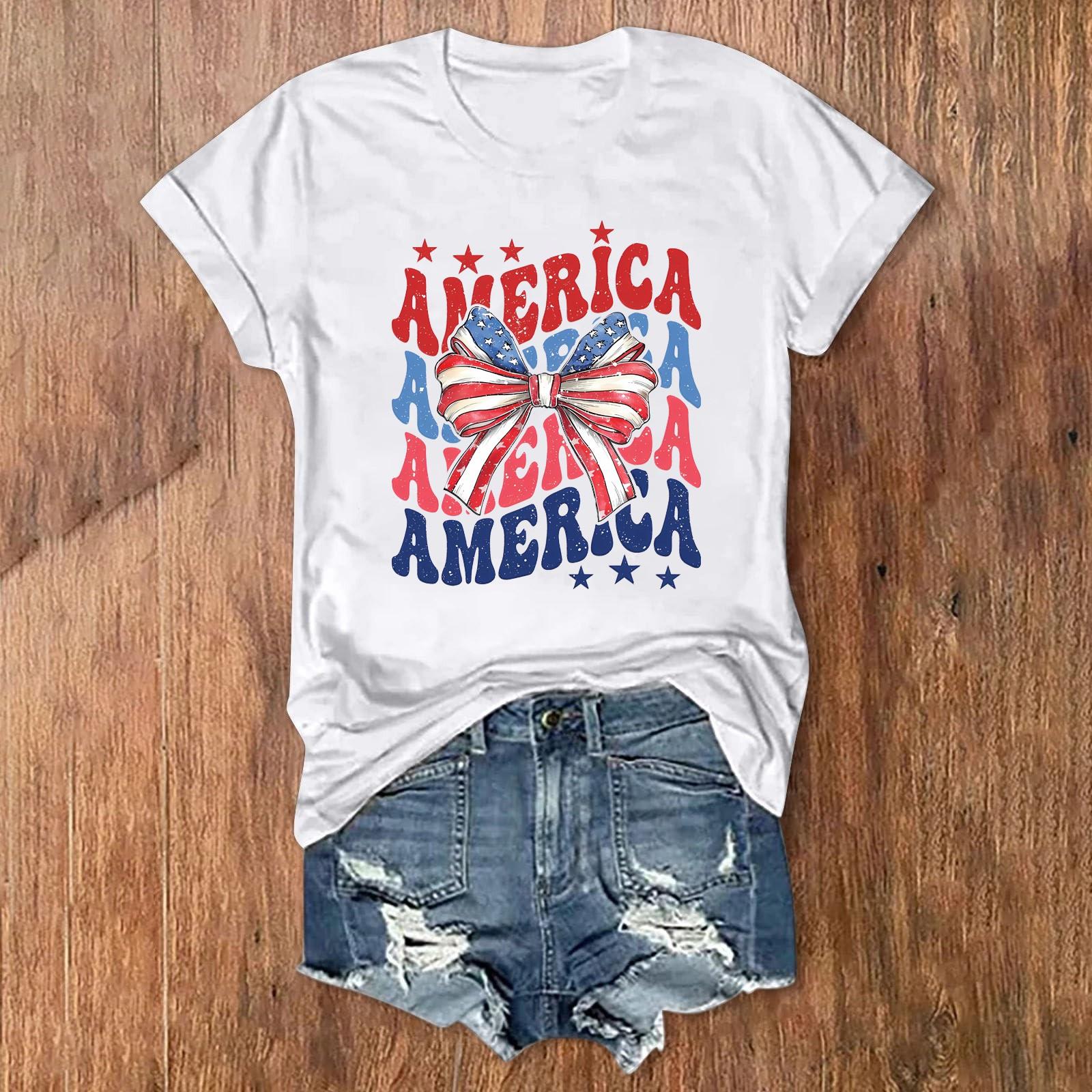 

Женские футболки с изображением 4 июля, американский флаг США, патриотические повседневные футболки с короткими рукавами и милыми бабочками, блузки, топы XL белый
