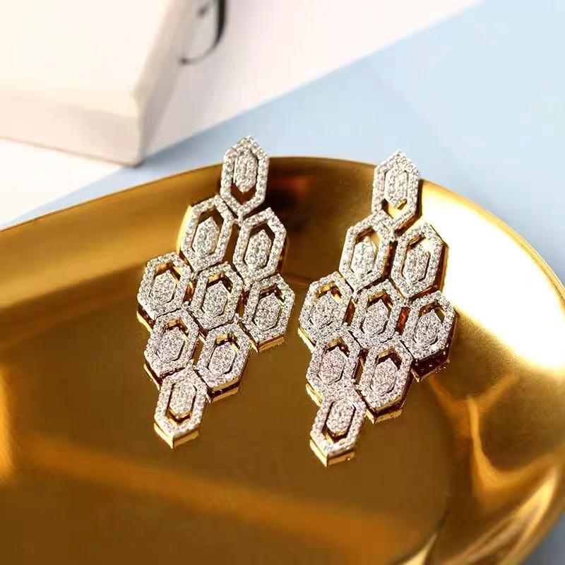 European Heavy Industry Micro-Inlaid Stud Earrings: Celebrity-Inspired, Diamond Hexagon Pendants, Hollow Rhombus Design