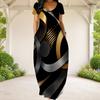 Women Plus Size Round Neck Short Sleeve Abstract Printed Black Teal Gold Maxi Dress With Side Pockets