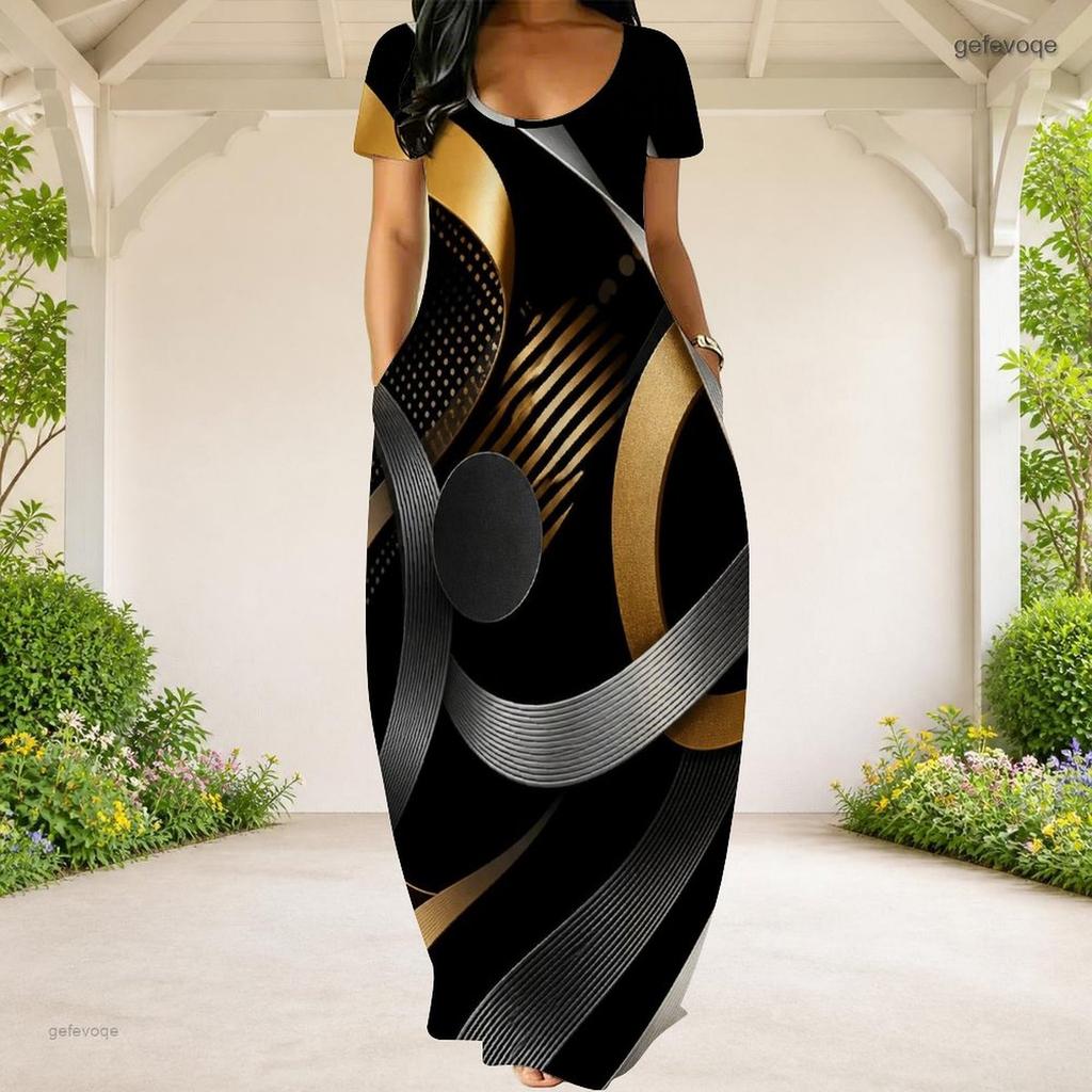 Women Plus Size Round Neck Short Sleeve Abstract Printed Black Teal Gold Maxi Dress With Side Pockets
