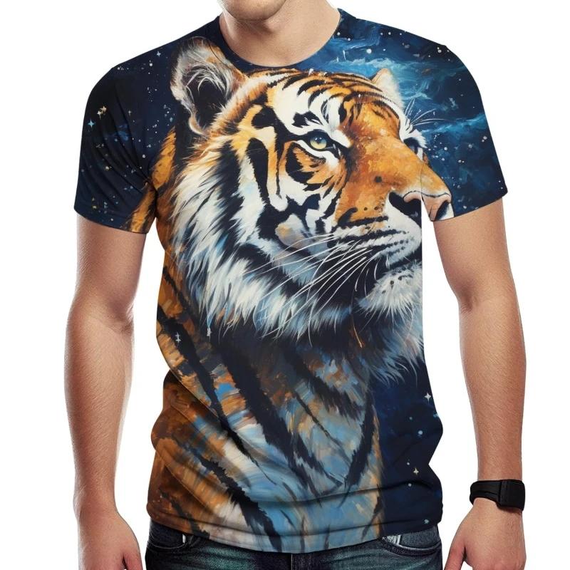 3D Tiger Printed Short Sleeve Crew Neck Men's T-shirts Breathable Stretch Casual Fashion Tee Outdoor Party Weekend Wear Tops