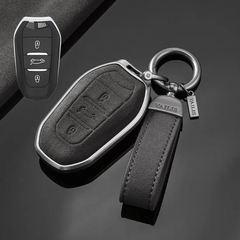 

Styling Mouldings Metal Suede Car Remote Key Cover Case Holder shell Keychain Housing For Peugeot 208 308 408 508 2008 3008 4008