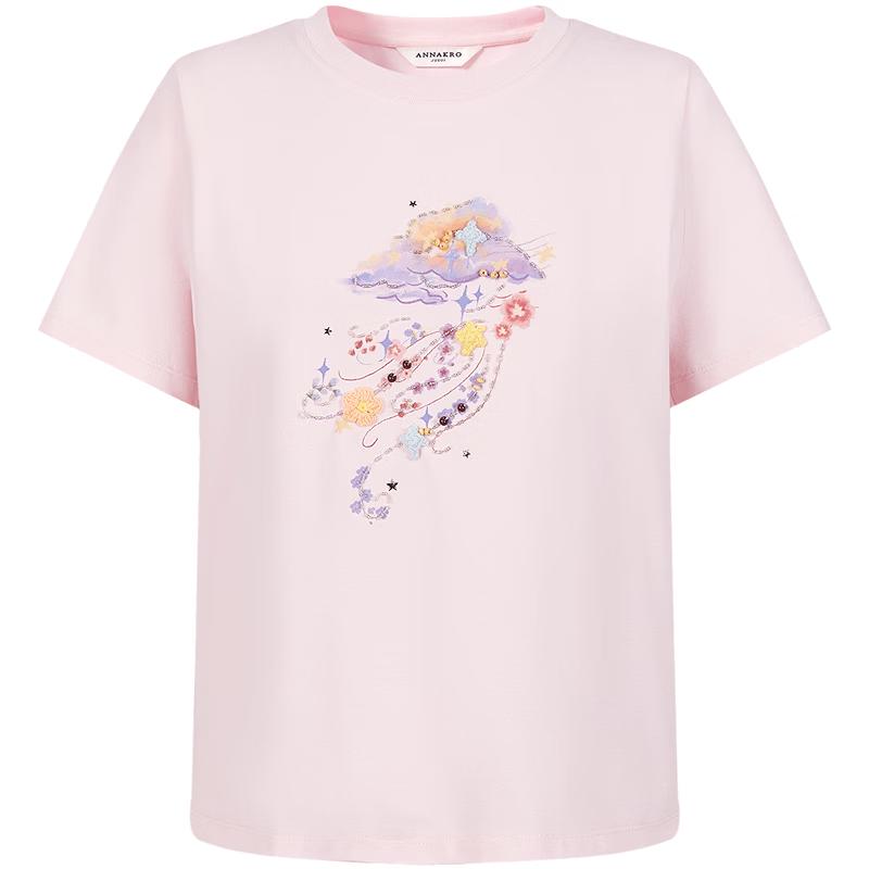 JUZI An'nakou Women's Casual Beaded Meteor Cloud Print Round Neck T-shirt