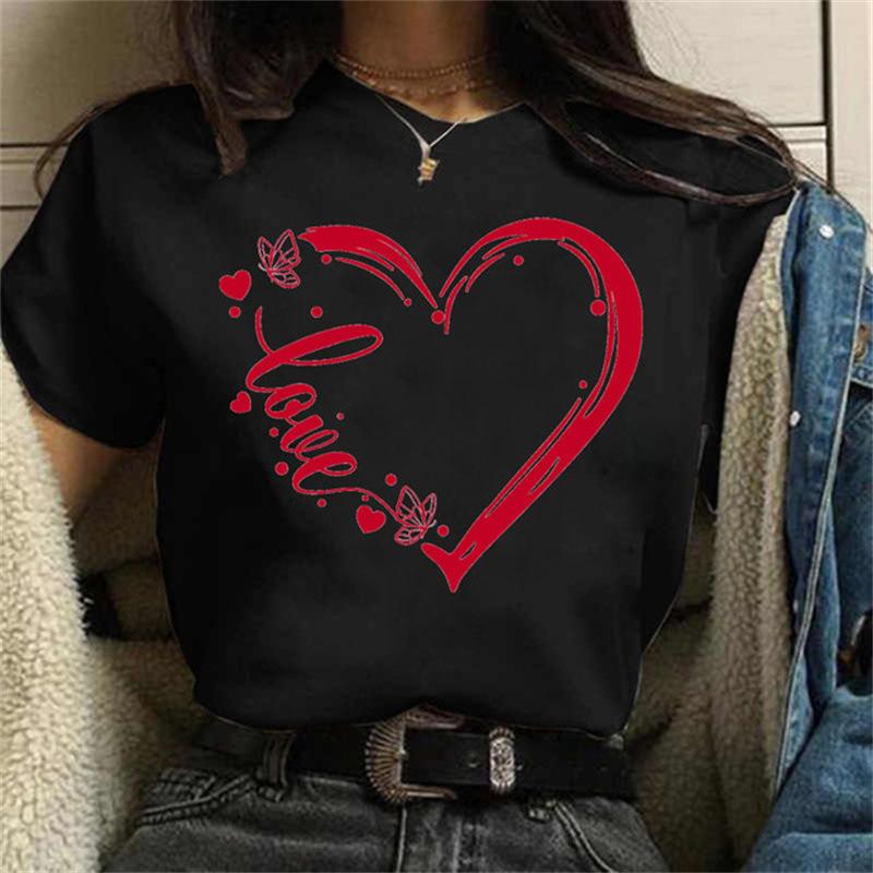 Cute Women's Summer Tee with Love Heart Pattern - Fashion Short Sleeve Top