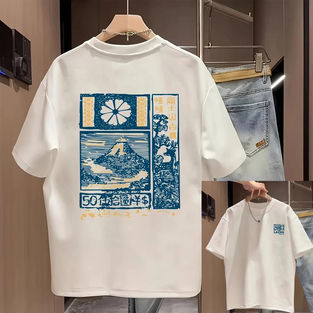 Japanese Ukiyoe Mount Fuji Print TShirt Unisex Crew Neck Shortsleeved Retro Street YK Hip Hop Casual Fashion Tops Clothing