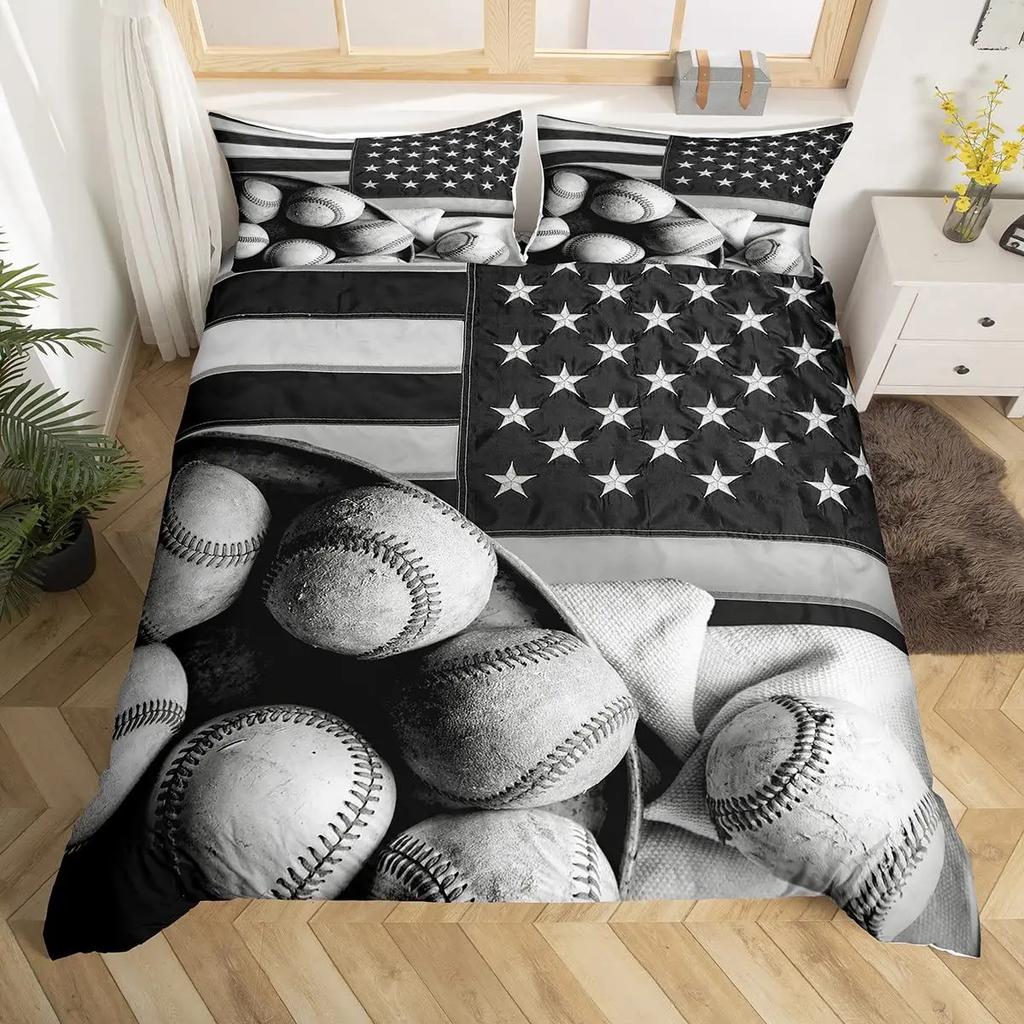 Baseball Game King Queen Duvet Cover Ball Sports Theme Bedding Set Athlete Competitive Quilt Cover Polyester Comforter Cover