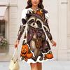 Women Plus Size Round Neck Long Sleeve Flared Dress Gothic Raven Pumpkin Rose Print Halloween Autumn Casual Dress
