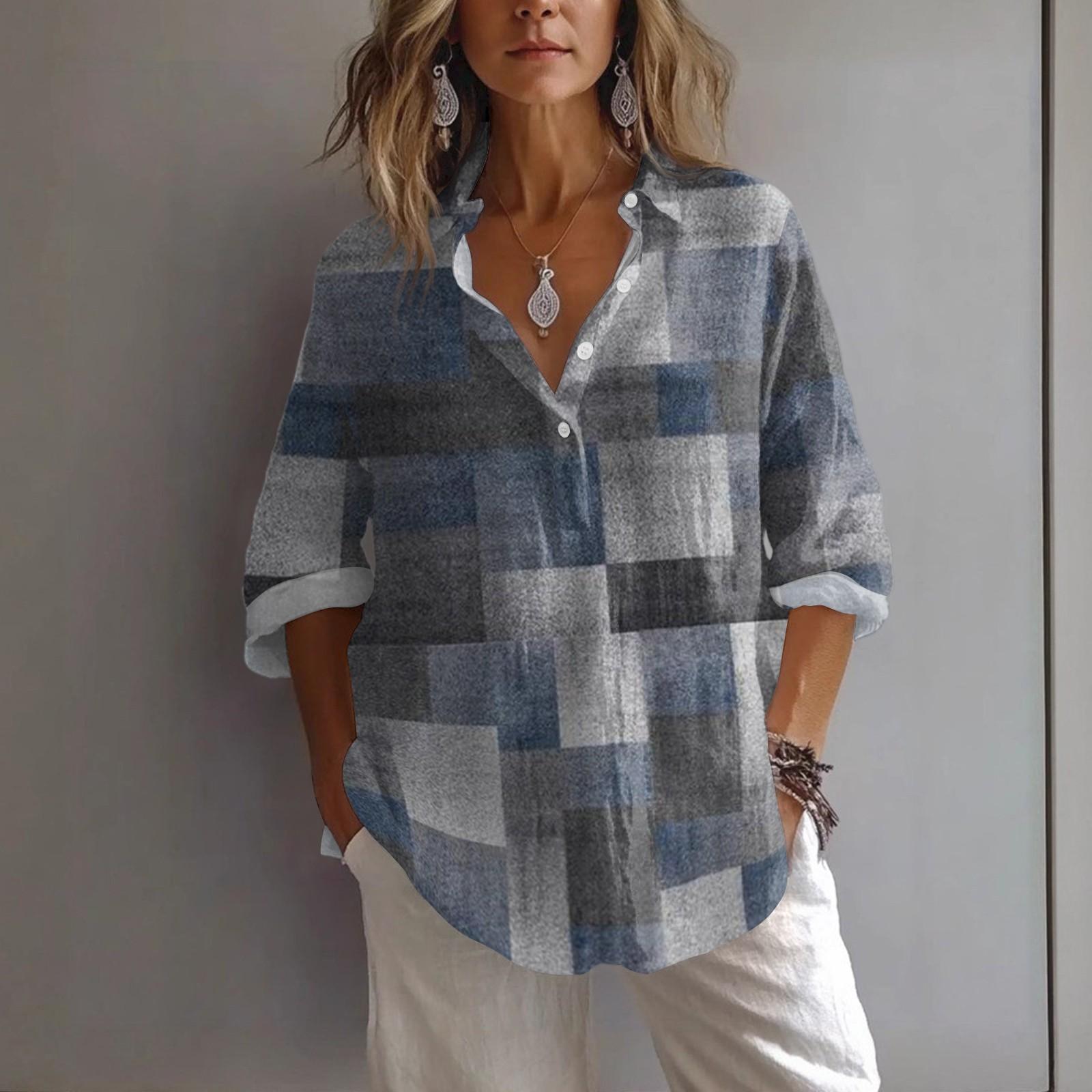 

Жіноча повсякденна весняно-літня вільна сорочка-пуловер з лацканами та принтом M Темно-синій