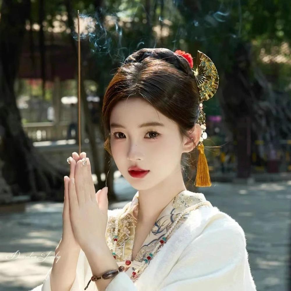 Zinc Zinc Alloy Pearl Fringe Hairpin Retro Fan Shape Bride Tiara Exquisite U Shape Hair Frok Wedding