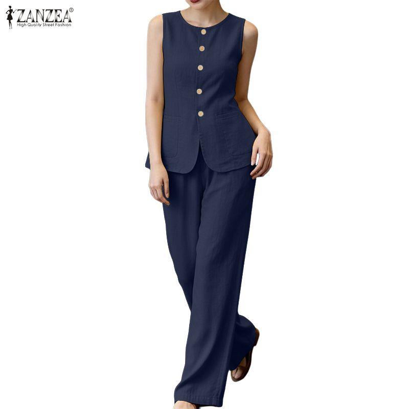 ZANZEA Women Sleeveless Vest Tops and Long Pants Summer Two Piece Suit Sets