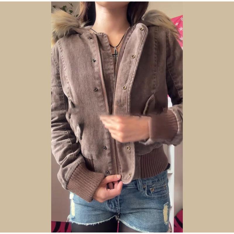 Fur Collar Decorative Hooded Jacket Zipper Snap Button Cotton Jacket Brown Ladies Coat Autumn and Winter New Style Warm Jacket
