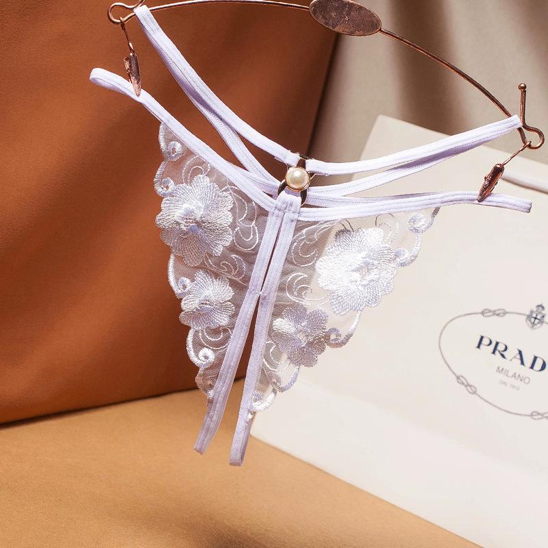 Women's Sexy Lace-Up Mesh Embroidered Thong with Pearl Detail and Open Crotch