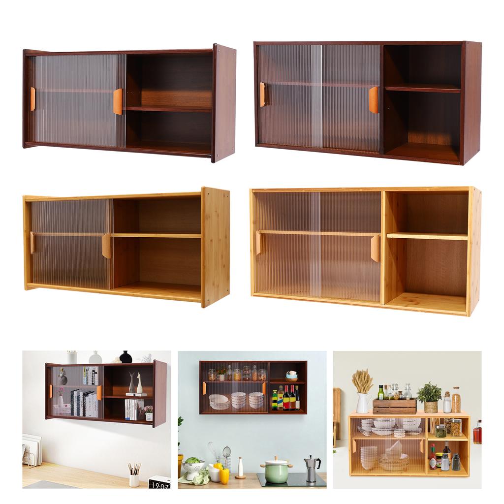 Wall Mount Bamboo Wood Pantry Cabinet,77/80cm 2 Tiers Log Color/Walnut Rectangular Wall Sideboard with Glass Doors for Kitchen