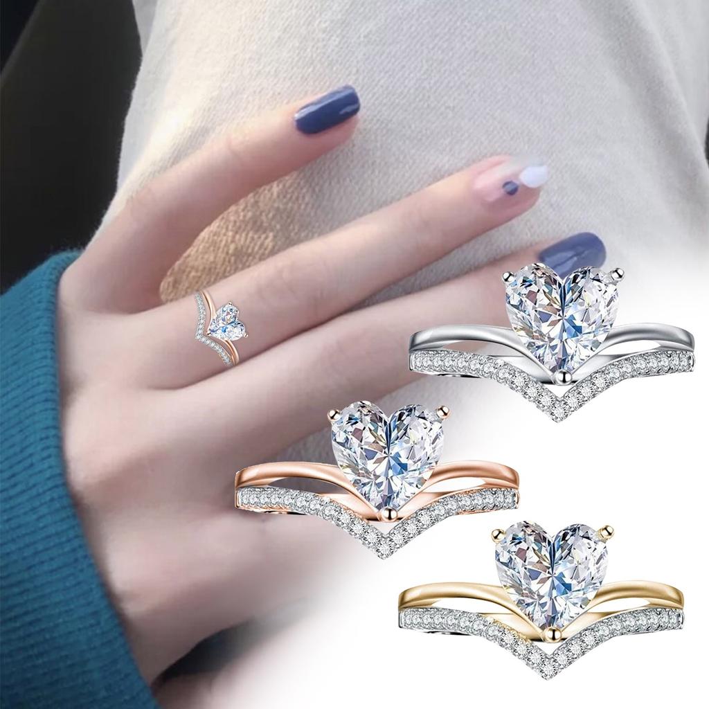 Heart Shaped Cubic Zirconia Ring with Pavé Set Stones Adjustable Band for Women Elegant Jewelry Accessory
