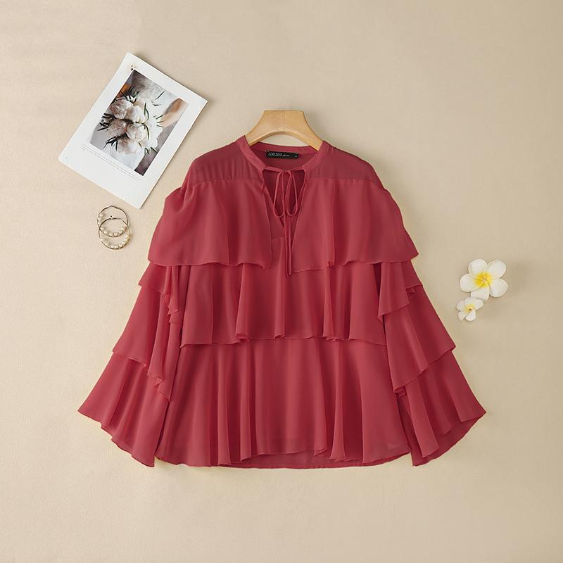 ZANZEA Bluză Casual pentru Femei cu Decolteu în V, Multi-stratificată cu Volane, cu Mânecă Lungă