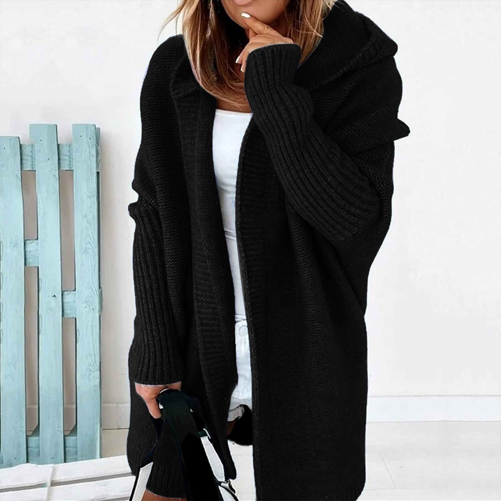 

Женский вязаный кардиган с капюшоном, длинный свитер, пальто, утепленное зимнее теплое пальто S чёрный