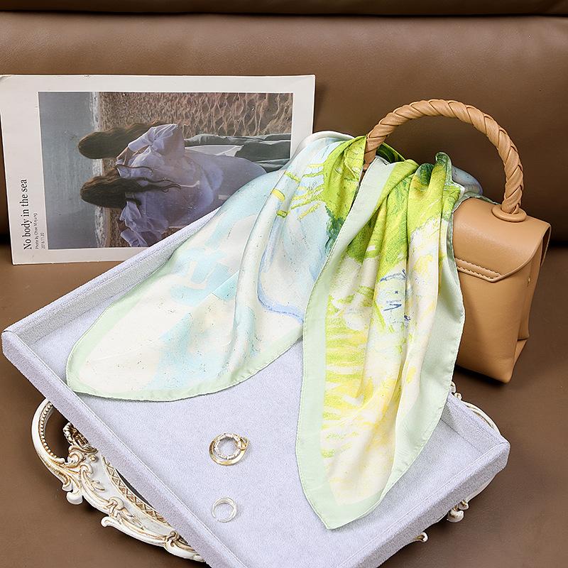 

70*70 Dark Green Horse Print Square Scarf Vintage Cartoon Imitation Silk Neck Scarf Bandana Classic Head Wrap Hair Accessories One Size