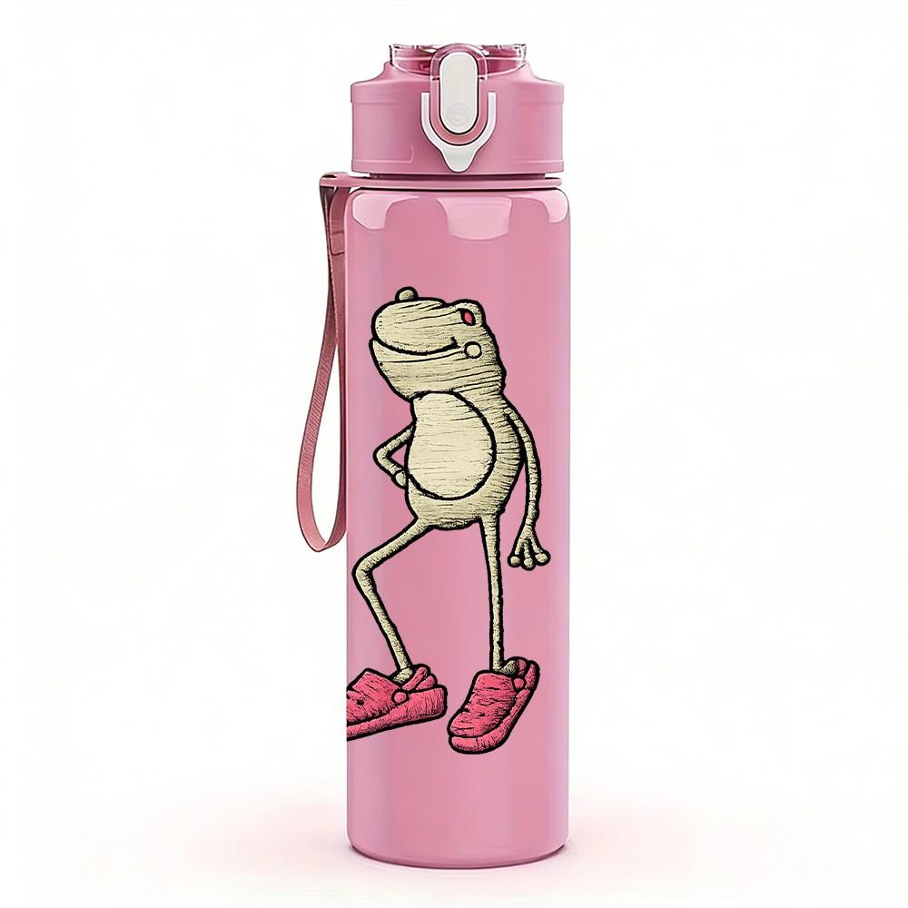 1PC Cute Dancing Frog Cartoon Print 750ml Color Plastic Sports Water Bottle Leakproof Flip Straw Lid Suitable for Sports Office Home Use