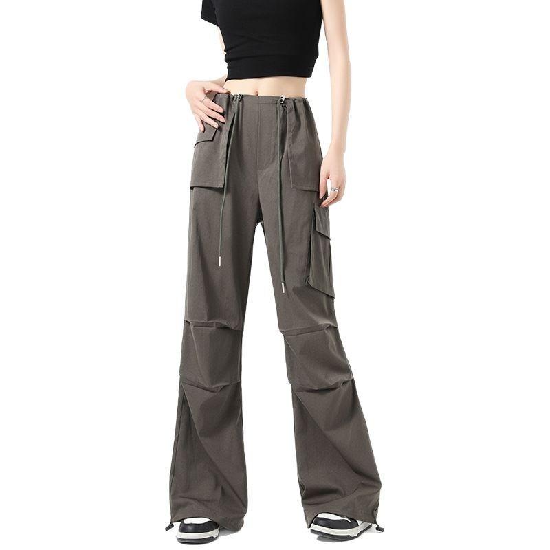 Vintage drawstring pleated wide-leg overalls women's spring high-waisted small pocket casual pants
