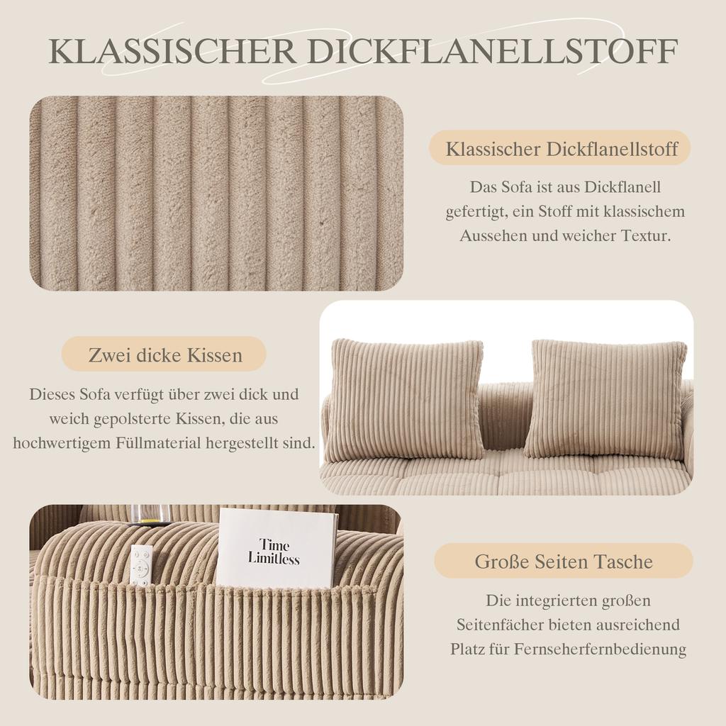 Cozy Corduroy Two-Seater Sofa – No Assembly, Soft Back Cushions, Side Storage Pocket for Remote Control and Phone, Cup Holder – Neat and Aesthetic.