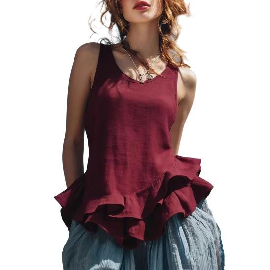 Women Tops Solid Color Loose Fit Breathable Casual Blouse O-Neck Sleeveless Ruffle Splicing Hem Summer Vest Daily Wear