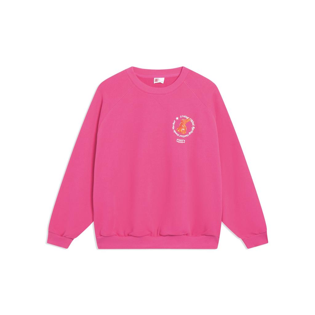 Li-Ning Daily Progress Solid Color Rabbit Print Crew Neck Long Sleeve Sweatshirt Unisex Tops Vivid-Pink AWDT237-5