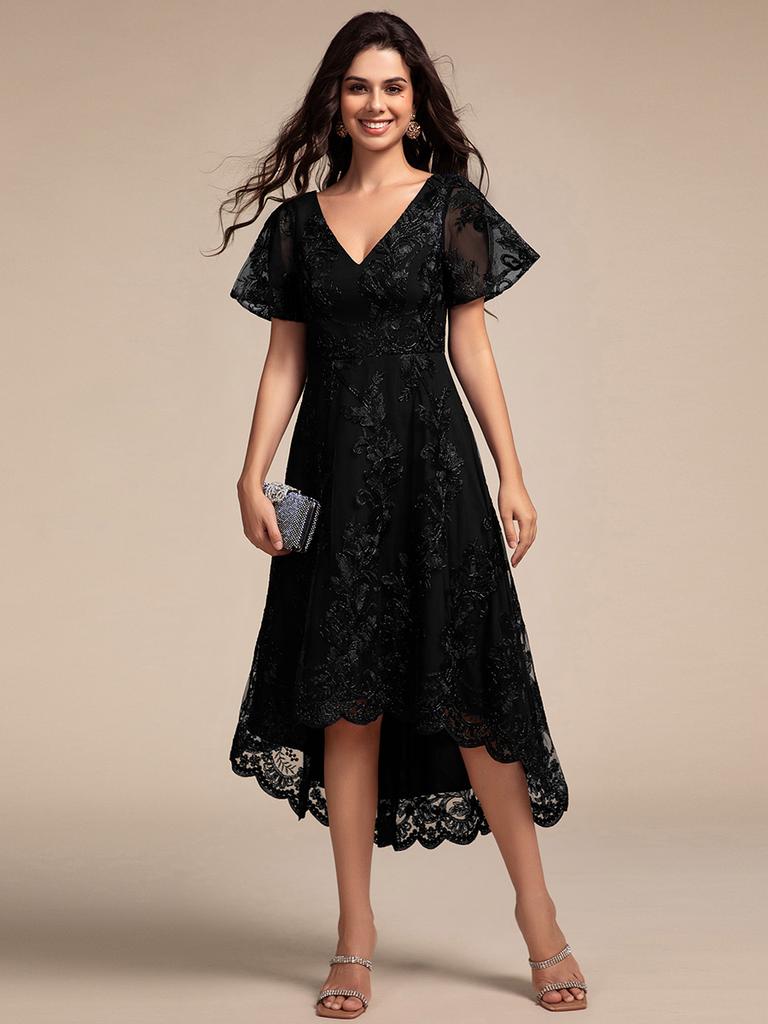Ever-Pretty Women's Exquisite Embroidery V-Neck See-through Sleeve Wedding Guest Dresses with Asymmetrical Hem