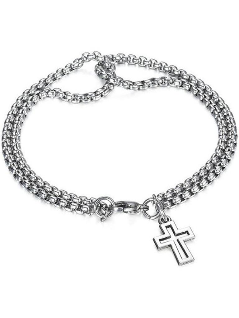 Bracelet de Poignet Homme Mode Double Chaîne Croix Creuse Boucle Fermoir Griffe de Homard Bracelet en Acier Inoxydable Hip Hop Punk Bijoux de Fête