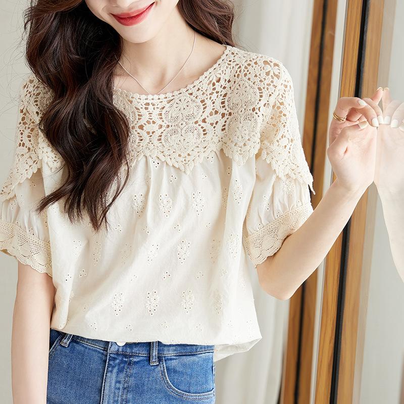 Apricot Lace Hollow Shirt for Women Long-sleeved Spring Clothes New Design Niche Top Chic Cotton Shirt