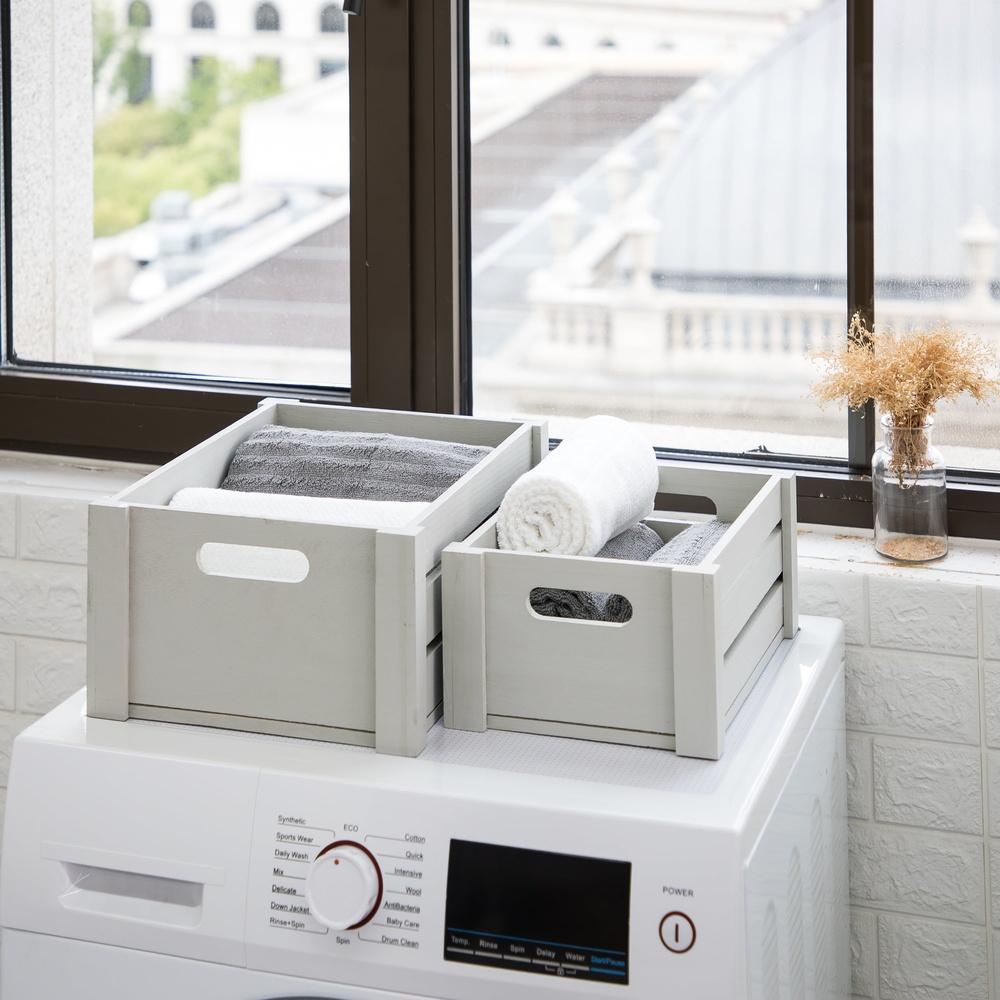 Grey Wood Wire Storage Basket Set 2 Piece Decorative Crates with Cut-out Handles Home Organization and Small Item Storage